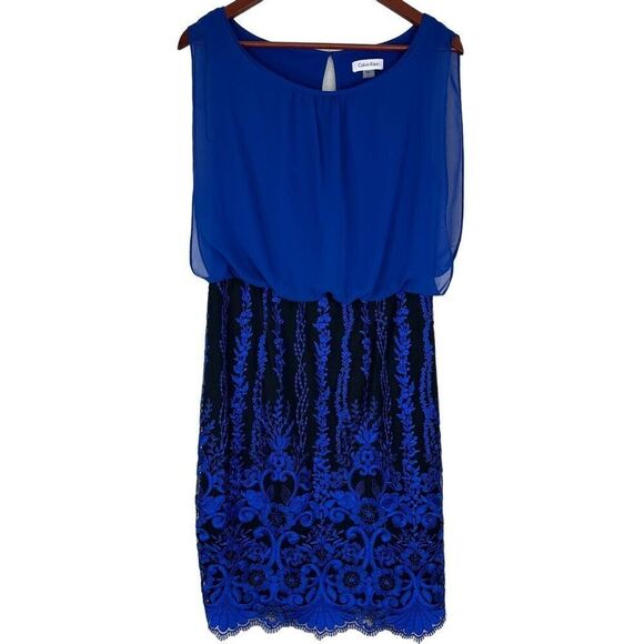 Calvin Klein Royal Blue Floral Embroidered Chiffon Cocktail Dress Womens 8 NWOT - Picture 1 of 10
